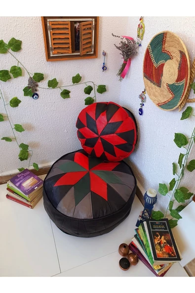 Şok Fiyat Açılışa Özel %50 Off! Art Deco El Yapımı Hakiki Deri Orijinal Bohem Ottoman Puf Minder60cm - 4
