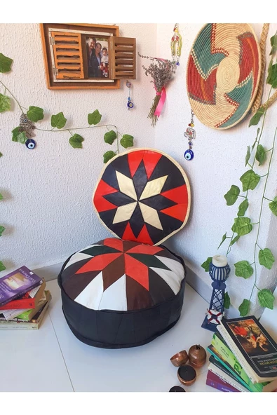 Şok Fiyat Açılışa Özel %50 Off! Art Deco El Yapımı Hakiki Deri Orijinal Bohem Ottoman Puf Minder60cm - 2