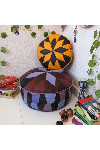 El Yapımı Hakiki Deri Bohem Ottoman Puf Yer Minder Ikili 60-40 cm Set Of 2