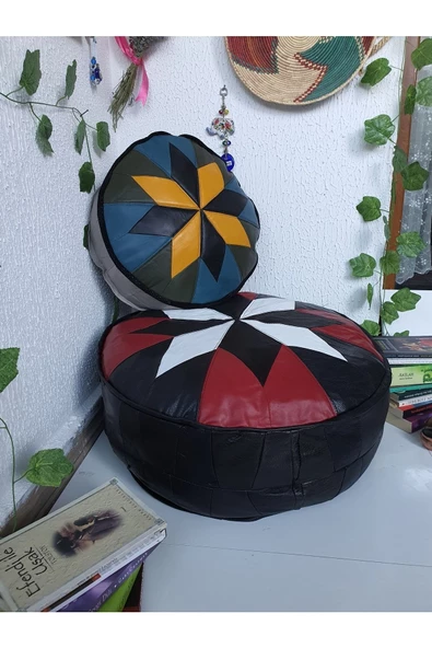 Şok Fiyat Açılışa Özel %50 Off! Art Deco El Yapımı Hakiki Deri Orijinal Bohem Ottoman Puf Minder60cm - 4