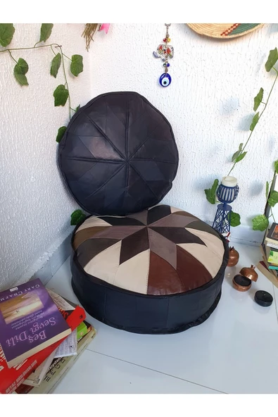 Şok Fiyat Açılışa Özel %50 Off! Art Deco El Yapımı Hakiki Deri Orijinal Bohem Ottoman Puf Minder60cm - 3