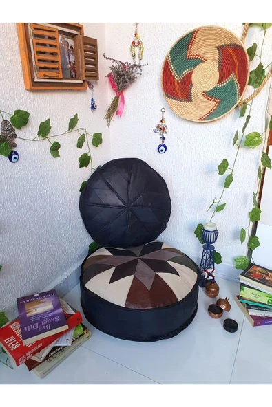 Şok Fiyat Açılışa Özel %50 Off! Art Deco El Yapımı Hakiki Deri Orijinal Bohem Ottoman Puf Minder60cm - 4