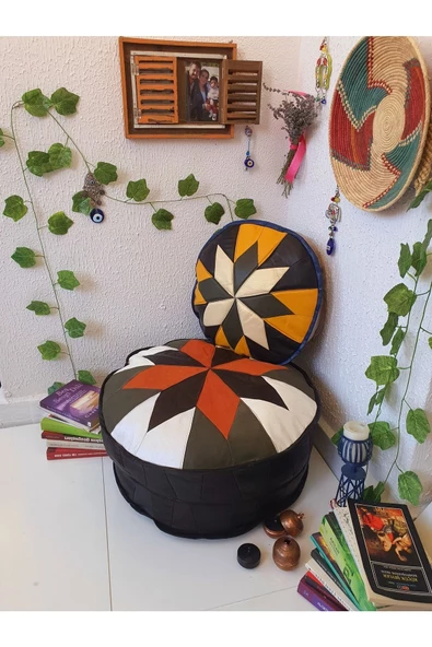 Şok Fiyat Açılışa Özel %50 Off! Art Deco El Yapımı Hakiki Deri Orijinal Bohem Ottoman Puf Minder60cm