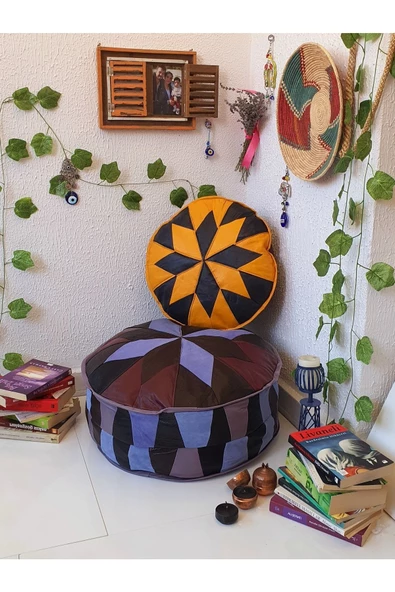 El Yapımı Hakiki Deri Bohem Ottoman Puf Yer Minder Ikili 60-40 cm Set Of 2 - 7