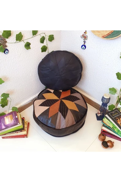 Şok Fiyat Açılışa Özel %50 Off! Art Deco El Yapımı Hakiki Deri Orijinal Bohem Ottoman Puf Minder60cm - 5