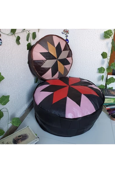 Şok Fiyat Açılışa Özel %50 Off! Art Deco El Yapımı Hakiki Deri Orijinal Bohem Ottoman Puf Minder60cm - 7