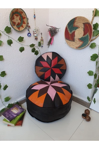 Şok Fiyat Açılışa Özel %50 Off! Art Deco El Yapımı Hakiki Deri Orijinal Bohem Ottoman Puf Minder60cm - 2