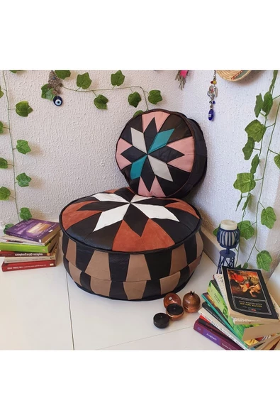 Şok Fiyat Açılışa Özel %50 Off! Art Deco El Yapımı Hakiki Deri Orijinal Bohem Ottoman Puf Minder60cm - Resim 2