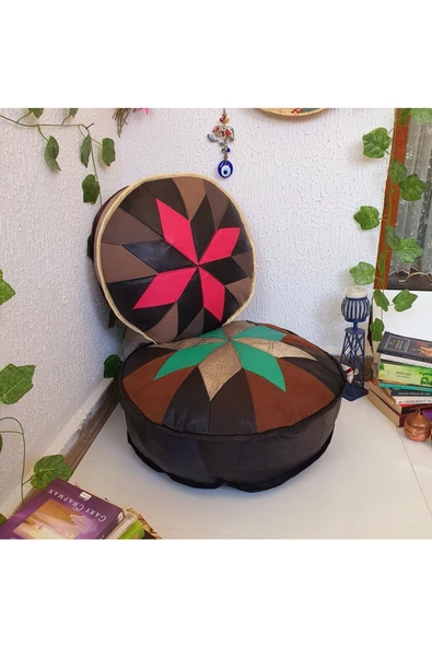 El Yapımı Hakiki Deri Orijinal Bohem Ottoman Puf Minder60cm - 7