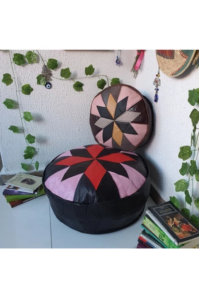 Şok Fiyat Açılışa Özel %50 Off! Art Deco El Yapımı Hakiki Deri Orijinal Bohem Ottoman Puf Minder60cm - 5