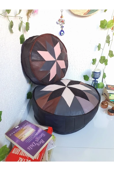 Şok Fiyat Açılışa Özel %50 Off! Art Deco El Yapımı Hakiki Deri Orijinal Bohem Ottoman Puf Minder60cm ürün görseli 1