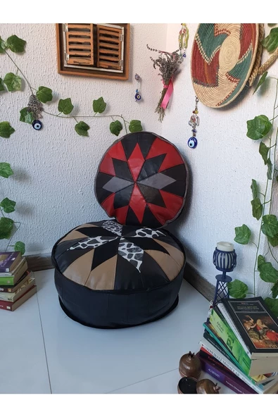 Şok Fiyat Açılışa Özel %50 Off! Art Deco El Yapımı Hakiki Deri Orijinal Bohem Ottoman Puf Minder60cm - 3