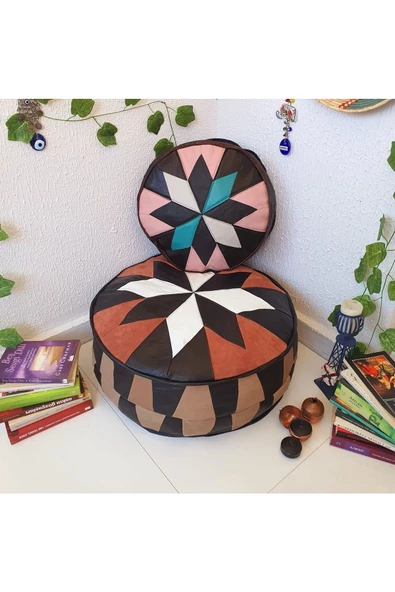 Şok Fiyat Açılışa Özel %50 Off! Art Deco El Yapımı Hakiki Deri Orijinal Bohem Ottoman Puf Minder60cm - Resim 3