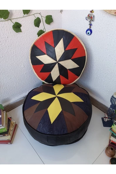 Şok Fiyat Açılışa Özel %50 Off! Art Deco El Yapımı Hakiki Deri Orijinal Bohem Ottoman Puf Minder60cm - 4