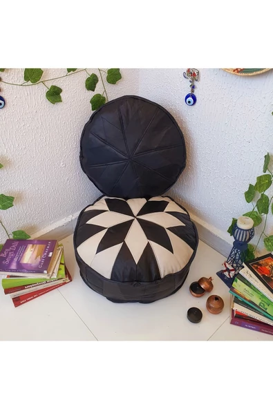 Şok Fiyat Açılışa Özel %50 Off! Art Deco El Yapımı Hakiki Deri Orijinal Bohem Ottoman Puf Minder60cm - Resim 4