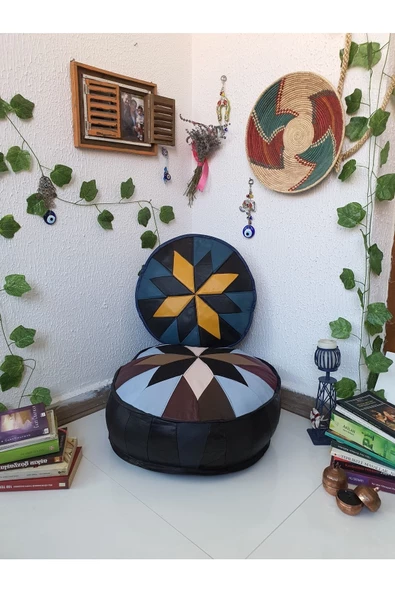 Şok Fiyat Açılışa Özel %50 Off! Art Deco El Yapımı Hakiki Deri Orijinal Bohem Ottoman Puf Minder60cm - 5