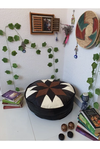 Şok Fiyat Açılışa Özel %50 Off! Art Deco El Yapımı Hakiki Deri Orijinal Bohem Ottoman Puf Minder60cm - Resim 5