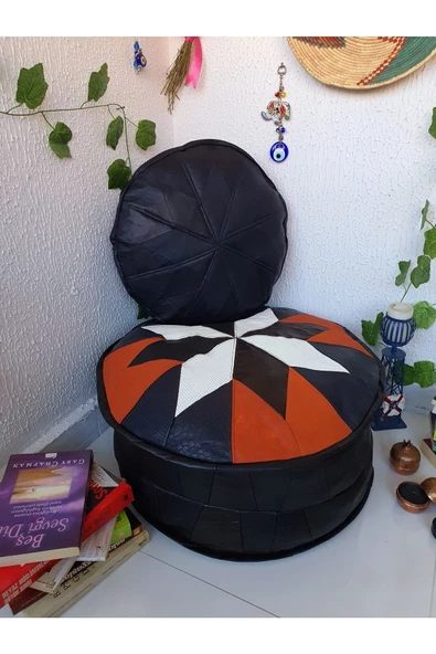 Art Deco El Yapımı Hakiki Deri Orijinal Bohem Ottoman Puf Minder60cm - 4