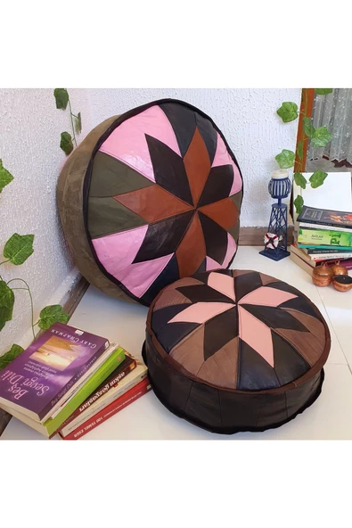 Şok Fiyat Açılışa Özel %50 Off! Art Deco El Yapımı Hakiki Deri Orijinal Bohem Ottoman Puf Minder60cm - 7