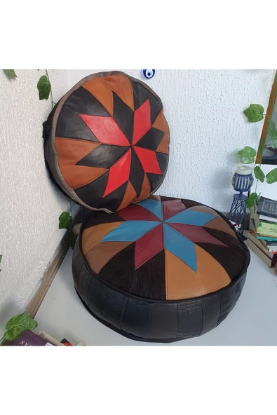 Şok Fiyat Açılışa Özel %50 Off! Art Deco El Yapımı Hakiki Deri Orijinal Bohem Ottoman Puf Minder60cm - Resim 6