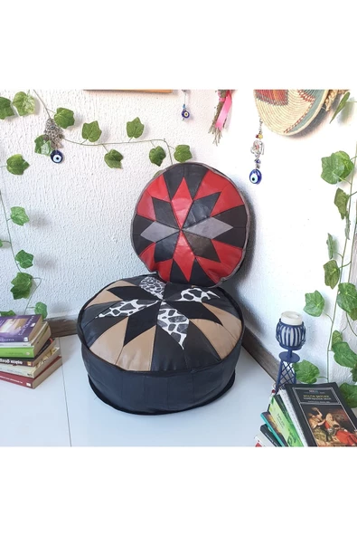 Şok Fiyat Açılışa Özel %50 Off! Art Deco El Yapımı Hakiki Deri Orijinal Bohem Ottoman Puf Minder60cm - 5