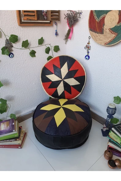 Şok Fiyat Açılışa Özel %50 Off! Art Deco El Yapımı Hakiki Deri Orijinal Bohem Ottoman Puf Minder60cm - 3