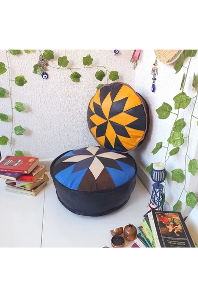 Şok Fiyat Açılışa Özel %50 Off! Art Deco El Yapımı Hakiki Deri Orijinal Bohem Ottoman Puf Minder60cm - Resim 2