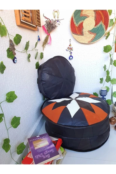 Art Deco El Yapımı Hakiki Deri Orijinal Bohem Ottoman Puf Minder60cm - 5