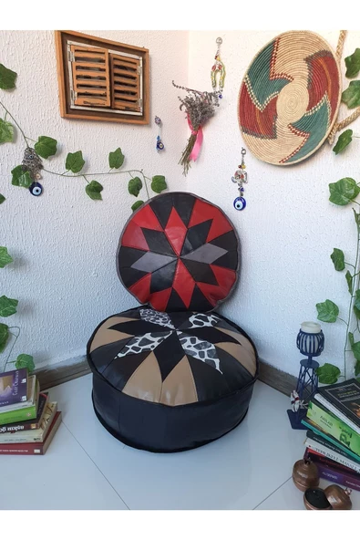 Şok Fiyat Açılışa Özel %50 Off! Art Deco El Yapımı Hakiki Deri Orijinal Bohem Ottoman Puf Minder60cm - 6