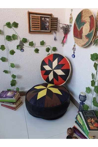 Şok Fiyat Açılışa Özel %50 Off! Art Deco El Yapımı Hakiki Deri Orijinal Bohem Ottoman Puf Minder60cm - 2