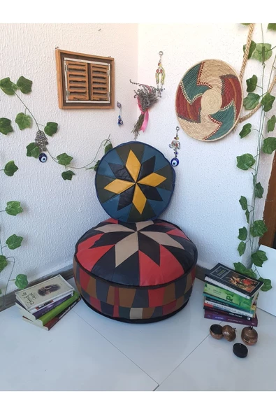 Şok Fiyat Açılışa Özel %50 Off! Art Deco El Yapımı Hakiki Deri Orijinal Bohem Ottoman Puf Minder60cm