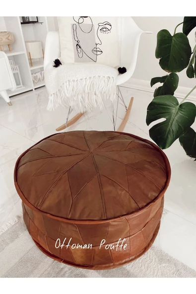 Dolgulu ! Iskandinav El Yapımı Hakiki Deri Bohem Ottoman Puf Yer Minderi 60x30cm - Resim 2