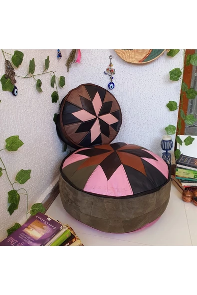 Şok Fiyat Açılışa Özel %50 Off! Art Deco El Yapımı Hakiki Deri Orijinal Bohem Ottoman Puf Minder60cm - 4