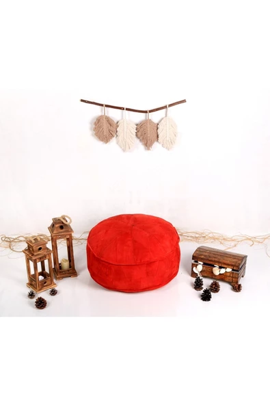 Dolgulu ! El Yapımı Hakiki Deri Orijinal Bohem Ottoman Kırmızı Puf Yer Minderi 60cm (ÖZEL SERİ) - Resim 5