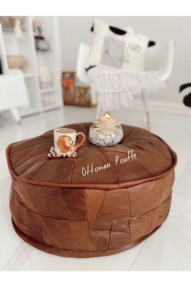 Dolgulu! Iskandinav Art Deco El Yapımı Hakiki Deri Orijinal Bohem Ottoman Puf Minder 60x30cm - Resim 3