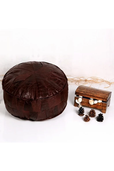 Iskandinav! Özel Seri El Yapımı Hakiki Deri Orijinal Bohem Ottoman Kahve Puf Minder 60cm - Resim 2