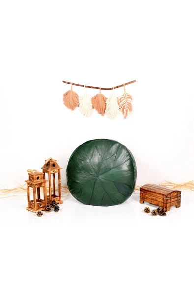 Dolgulu ! ! Art Deco El Yapımı Hakiki Deri Orijinal Bohem Ottoman Yeşil Puf Yer Minderi 60x30cm - Resim 7