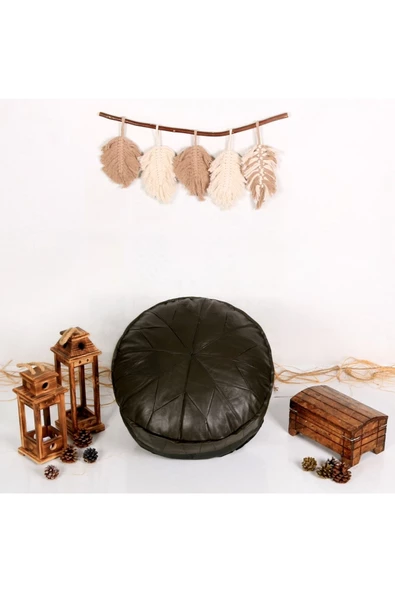 Iskandinav Art Deco El Yapımı Hakiki Deri Orijinal Bohem Ottoman Koyu Yeşil Pouf Minder 60cm - 4