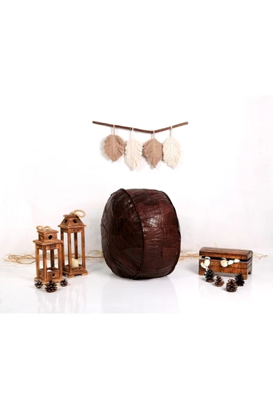 Iskandinav! Özel Seri El Yapımı Hakiki Deri Orijinal Bohem Ottoman Kahve Puf Minder 60cm - Resim 6