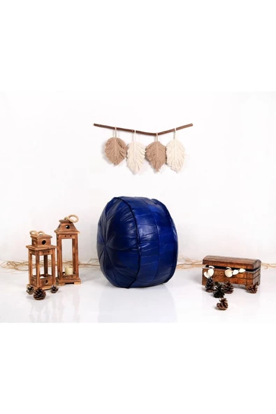 Dolgulu! Özel Seri Iskandinav El Yapımı Hakiki Deri Orijinal Bohem Ottoman Mavi Puf Yer Minderi 60cm - 6