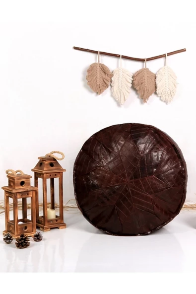 Iskandinav! Özel Seri El Yapımı Hakiki Deri Orijinal Bohem Ottoman Kahve Puf Minder 60cm - Resim 4