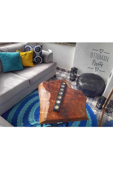 Dolgulu ! Iskandinav El Yapımı Hakiki Deri Orijinal Bohem Ottoman Siyah Puf Minder 60x30cm - Resim 3