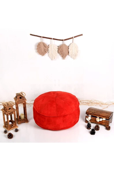 Dolgulu ! El Yapımı Hakiki Deri Orijinal Bohem Ottoman Kırmızı Puf Yer Minderi 60cm (ÖZEL SERİ) - Resim 3