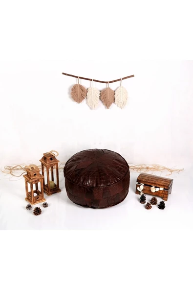 Iskandinav! Özel Seri El Yapımı Hakiki Deri Orijinal Bohem Ottoman Kahve Puf Minder 60cm - Resim 8