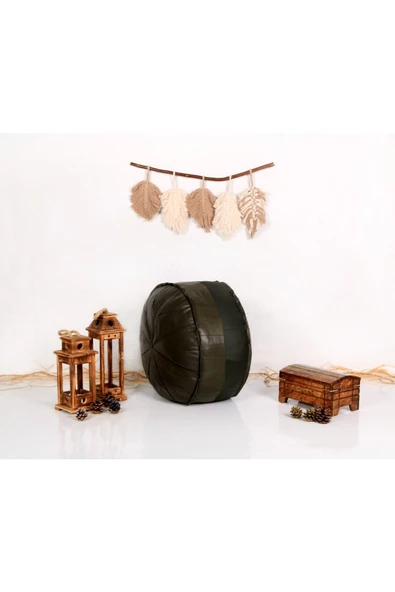 Iskandinav Art Deco El Yapımı Hakiki Deri Orijinal Bohem Ottoman Koyu Yeşil Pouf Minder 60cm - 8