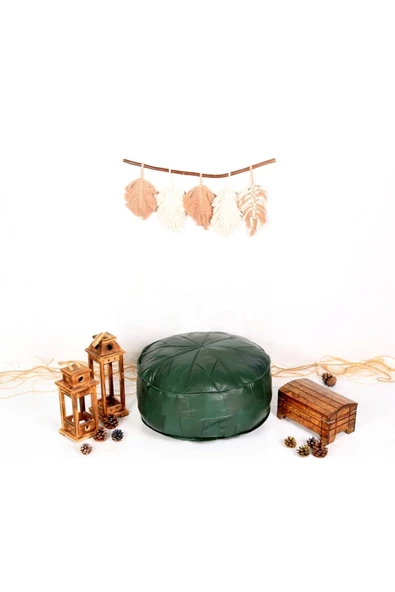 Dolgulu ! ! Art Deco El Yapımı Hakiki Deri Orijinal Bohem Ottoman Yeşil Puf Yer Minderi 60x30cm - Resim 6