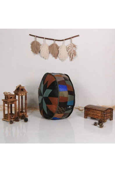 Şok Fiyat Açılışa Özel %50 Off! Art Deco El Yapımı Hakiki Deri Orijinal Bohem Ottoman Puf Minder60cm - Resim 2