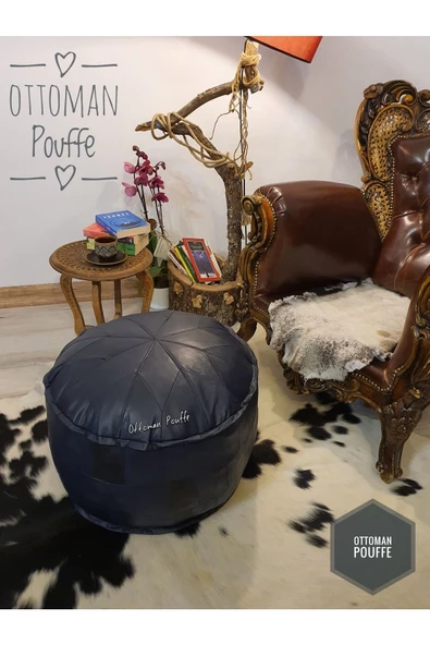 Dolgulu ! Art Deco El Yapımı Hakiki Deri Koyu Lacivert Bohem Ottoman Puf Yer Ayak Minderi 60x37cm ürün görseli 1