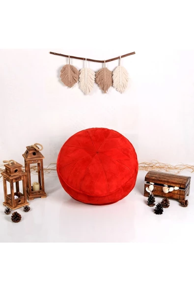 Dolgulu ! El Yapımı Hakiki Deri Orijinal Bohem Ottoman Kırmızı Puf Yer Minderi 60cm (ÖZEL SERİ)