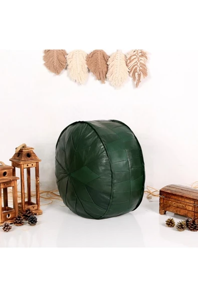 Dolgulu ! ! Art Deco El Yapımı Hakiki Deri Orijinal Bohem Ottoman Yeşil Puf Yer Minderi 60x30cm - Resim 2